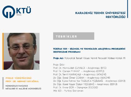 Prof. Dr. Mehmet ERTUĞRUL'a TÜBİTAK 1001 Proje Desteği